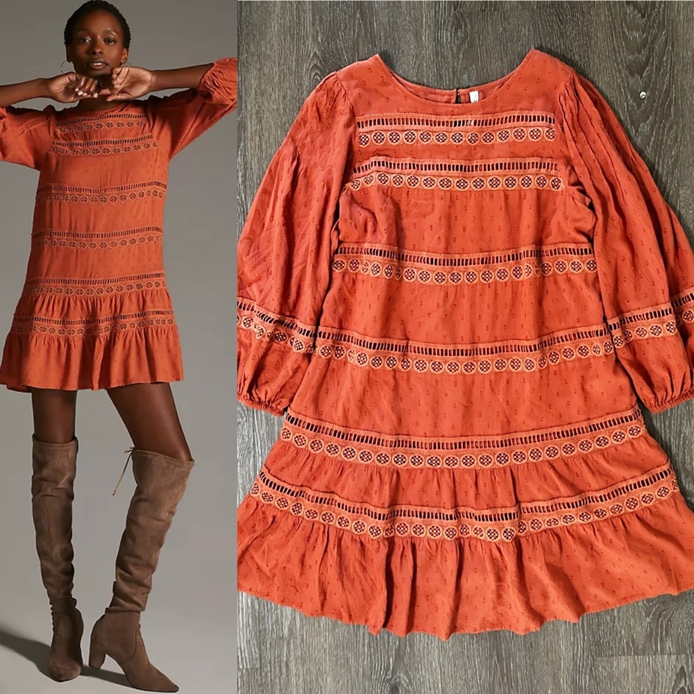 By Anthropologie Tiered Puff-Sleeve
Mini Dress 
Rust size Large L